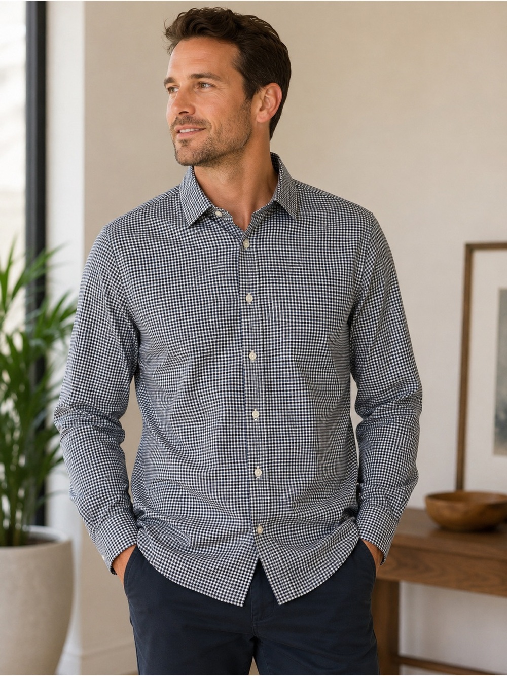 Hart Schaffner Marx Men’s L Luxury Performance Gingham Check Button Down Shirt